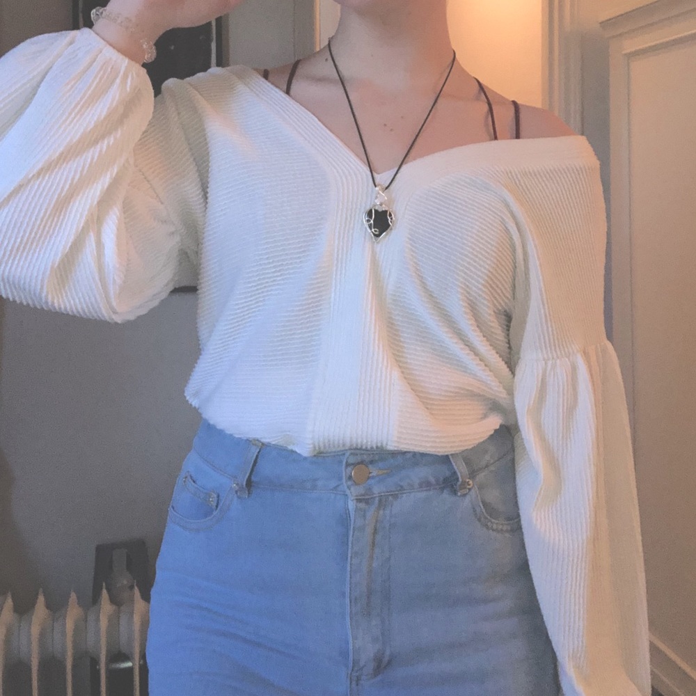 Off shoulder light long puff sleeve white shirt